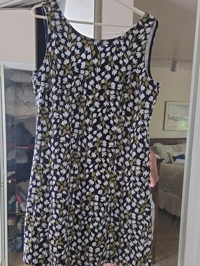 Women's Navy Floral A-Line Dress with Olive and White Leaves